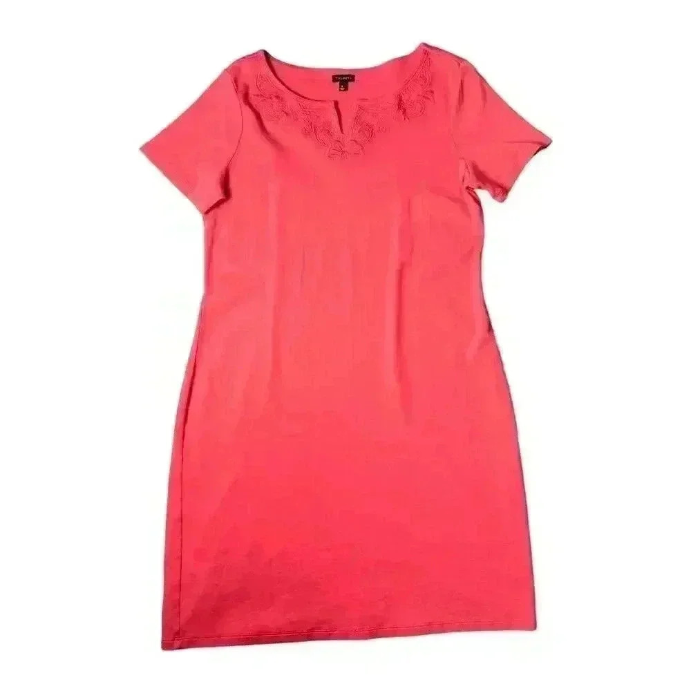Talbots Women's L Coral Embroidered Short-Sleeve Shift Dress Knee Length